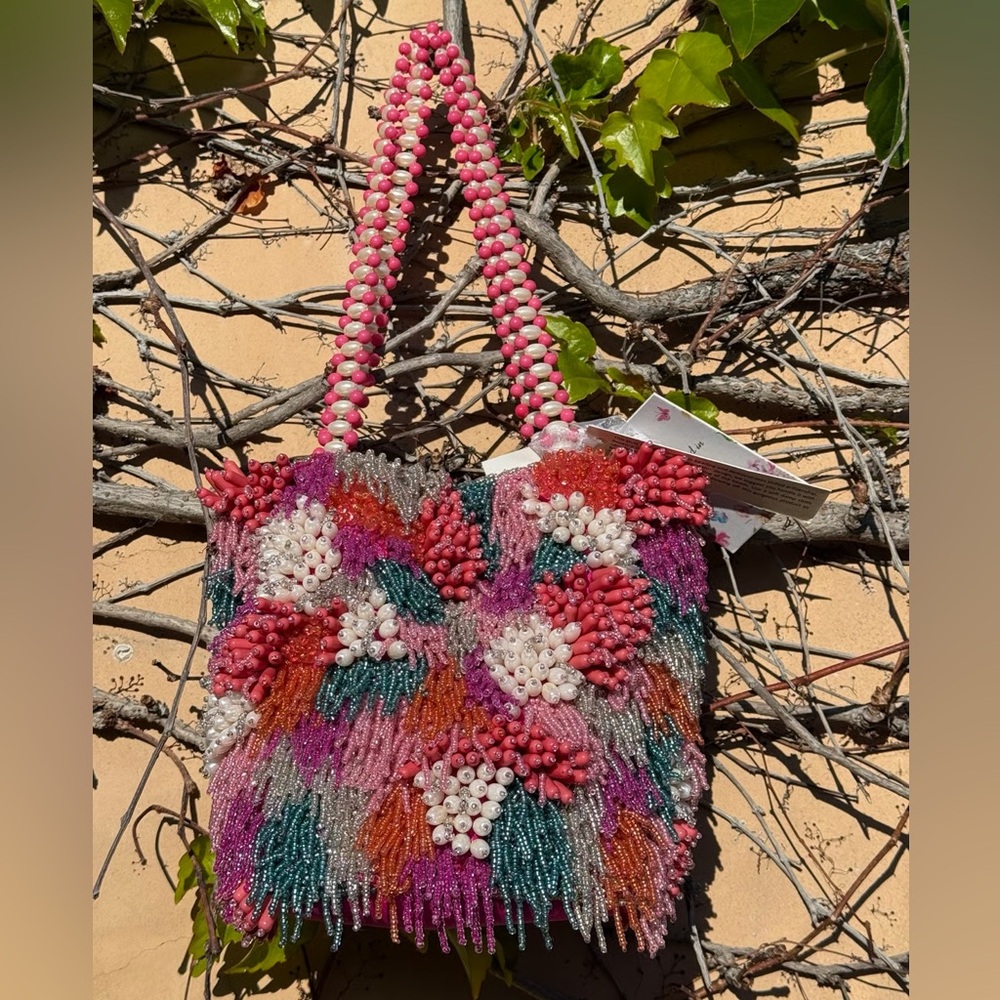Pink and Purple Beaded hand bag tote with Intricate Design NWT